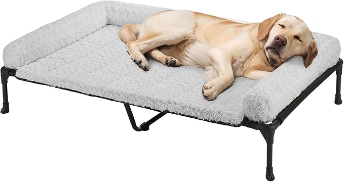 Veehoo Orthopedic Elevated Dog Bed Add Removable Deluxe Rose Plush Bolster Cushion Mat, 47" x 29" Washable Dog Couch Bed, Raised Pet Cot with Breathable Teslin Mesh, No-Slip Feet, Grey, CWC2439B