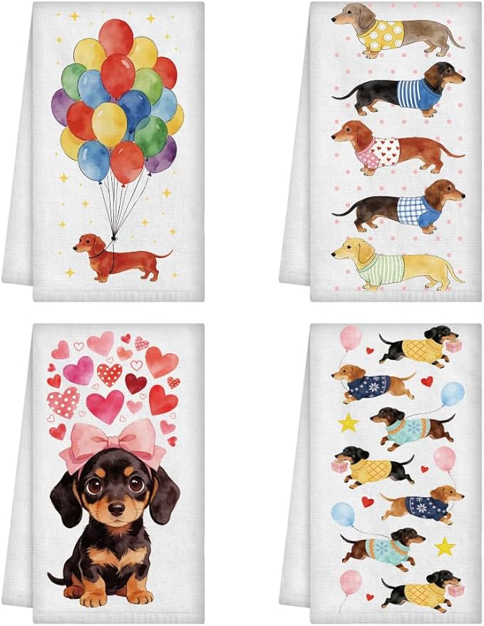 WADORN 4Pcs Dachshund Kitchen Hand Towels, 24 x 16 Inch Weiner Dog Decorative Kitchen Dish Tea Towels Soft Microfiber Absorbent Cute Dog Lovers Gifts for Home Bathroom Party Holiday Housewarming