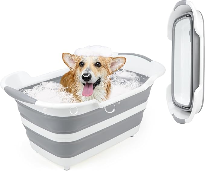 FHTONGE 7.13 Gal/27L Raised Collapsible Dog Bathtub with Drain Fur Catcher, Multifunctional Pet Washtub for Small to M Dog, Portable Puppy Tub Cat Shower Basin Laundry Basket Storage Organize Bucket