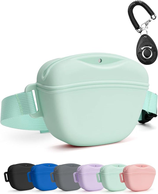 heouvo Dog Treat Pouch with Training Clicker, Upgrade Stronger Magnetic Closure to Avoid Spilling, 1.67 Cup Silicone Treat Bag Fanny Pack with Waist Belt for Pet Training Walking (Green)