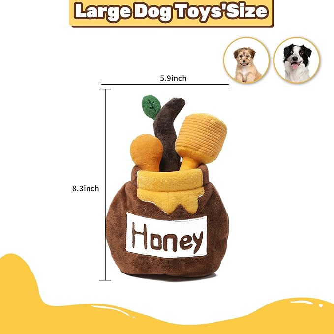 Hide and Seek Plush Stuffed Dog Toys, Squeaky Chew Toys with Crinkle Papper, Funny Toy Bundle Pack Perfect for Small, Medium and Large Dogs Reduce Boredom, Teeth Cleaning (Honey Jar)