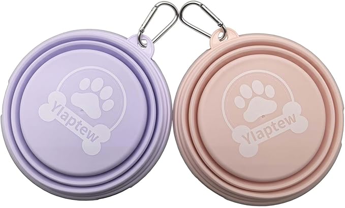 Large Collapsible Dog Bowl 35oz,2 Pack Portable and Foldable Pet Travel Bowls with 2 Carabiners & Lids for Dogs Cats and Small Animals (Macaron Purple+Pink, 1000ml)