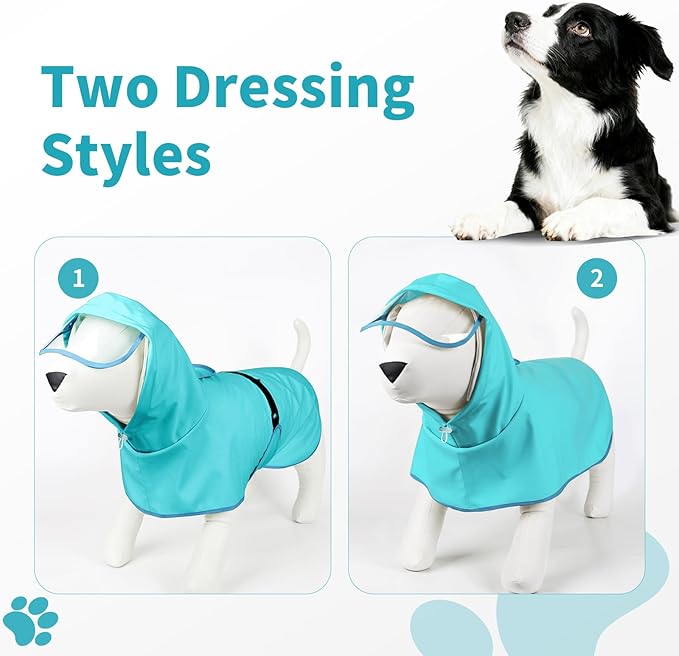 Dog Raincoat, Waterproof Windproof Dog Rain Jacket with Hood, Rain Coat with Leash Hole, Adjustable Raincoat Poncho for Small Medium Large Dogs Outdoor (Blue, L-)