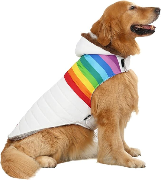 HDE Dog Puffer Jacket Fleece Lined Warm Dog Parka Winter Coat with Harness Hole White Rainbow Stripe - XXL