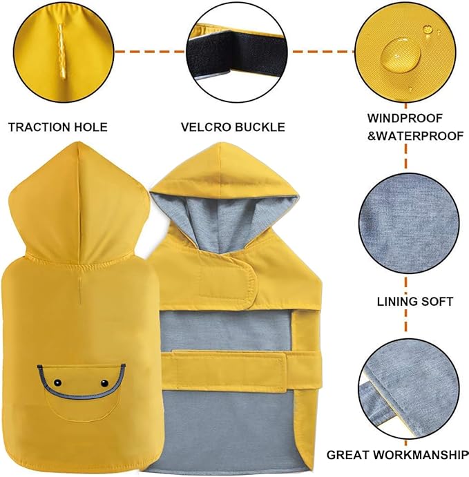 Dog Raincoat Dogs Rain Jacket Reflective Waterproof Pet Clothes Lined Poncho Rainwear Pocket Hooded Leash Hole Adjustable for Small Medium Dogs Puppy,Yellow,M,Back Length 10.5 Inch