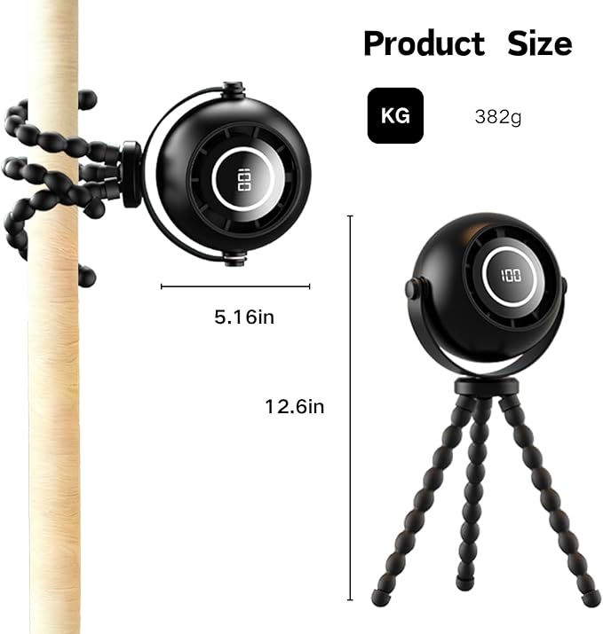 Portable Stroller Fan - Pinch-Proof, 4000mAh Rechargeable LED Display, 3-Speed & 3-Level Night Light, 360° Adjustable, Flexible Tripod for Car Seat, Stroller, Pet Cart, Camping & Travel