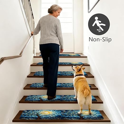 Abstract Tree Starry Sky Stair Treads for Wooden Steps Indoor Washable Staircase Carpet 10PCS 30"x7.8" Stair Step Treads Non-Slip Staircase Covers Peel and Stick Safety Mat for Kids Elders Pets