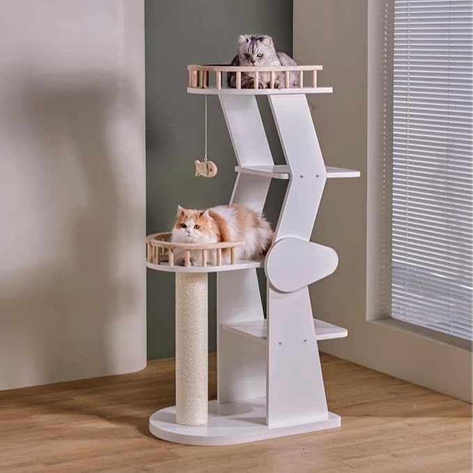 SHENGOCASE Modern Wooden Cat Tree Tower for Window Viewing Watching, 54.3 Inches Tall, 5-Level Large Perch Platform with Sisal Scratching Post, White