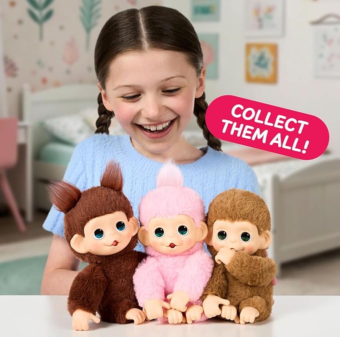 Little Live Pets Baby Monkey Minis – Chikki Cherry. Interactive Pet Toy. 20+ Sounds & Reactions. Soft Brown Fur. 7.4" Tall. Super Realistic. Feed, Nurture, React. Grippy Hands & Feet. Collect All 3
