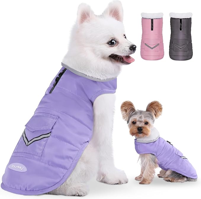 Dog Winter Coat for Medium Dogs, Easy on Dog Fleece Snow Coat Velcro Waterproof Pet Puffer Jacket with Harness Hole Adjustable Reflective Quilted Pet Cold Weather Vest Wind-poof for Girl Female