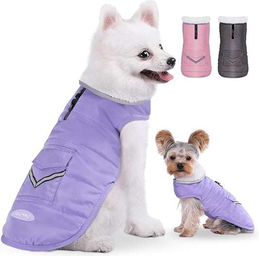 Dog Winter Coat for Medium Dogs, Easy on Dog Fleece Snow Coat Velcro Waterproof Pet Puffer Jacket with Harness Hole Adjustable Reflective Quilted Pet Cold Weather Vest Wind-poof for Girl Female