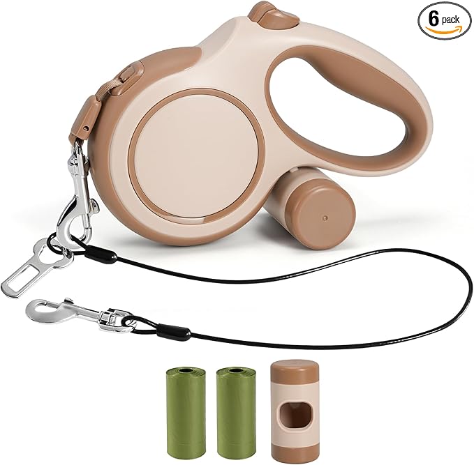 26ft Heavy Duty Retractable Dog Leash for Large Dogs, Dog Leash with Poop Bag Holder, Up to 100lbs, Chew Proof Cable, One-Handed Pause & Lock, 360° No Tangle. (26 ft, Brown)