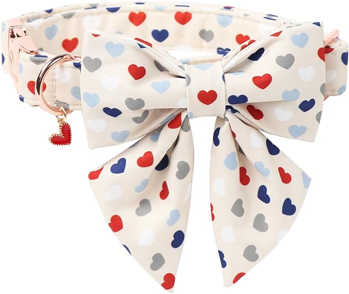 DOGWONG Dog Bow Collar Valentine's Day Dog Collar -Hearts Print Dog Collar with Bowtie Spring Dog Collars Pet Collar Bows Cute Collars,XL