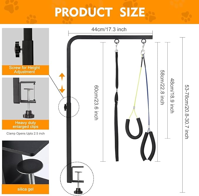 Adjustable Dog Grooming Arm with Clamp, 20″–30″ Height, Dog Grooming Table Arm with Hammock and No-Sit Holder, Grooming Restraint for Small Medium Dogs at Home or Salon