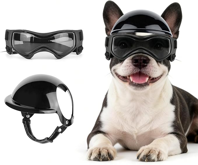 LESYPET Dog Helmet and Goggles for Medium Breed, Pet Motorcycle Helmet with Ear Holes, UV Protection Dog Sunglasses for Outdoor Activities/Riding/Walking