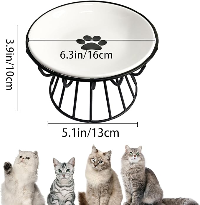 Ceramic Cat Bowls with Metal Stand,2 Pack Elevated Cat Bowl Raised Kitten Food&Water Feeding Shallow Dish for Indoor Cats,Puppies,Small Dogs