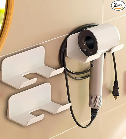 2 Pack Universal Hair Dryer Holder, Self Adhesive Wall Mount Stand for Most Brand/Size Hair Blow Dryer Hair Dryer Organizer Rack with Plug&Wire Hook for Bathroom