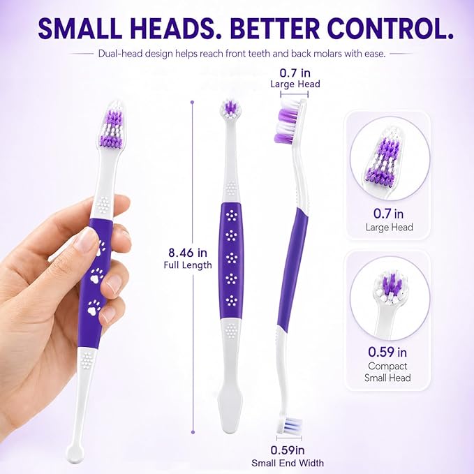 Dog Toothbrush – Newly Upgraded Dual-Head Design with 60° Wavy Bristles–Gently Surrounds Teeth for Deep Cleaning and Plaque Removal – Non-Slip Handle, Ideal for Daily Pet Dental Care (Purple, 1-Pack)