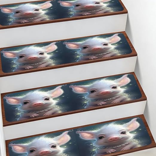 Animal Cute Pig Stair Treads for Wooden Steps Indoor Washable Staircase Carpet 15PCS 30"x7.8" Stair Step Treads Non-Slip Staircase Covers Peel and Stick Safety Mat for Kids Elders Pets