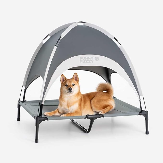 FUNNY FUZZY Elevated Dog Bed with Canopy,Grey, Large(36"x30"x7")–Outdoor Pet Cot with UV Protection, Breathable Mesh for Cooling, Indoor & Outdoor Use for Dogs up to 120 lbs