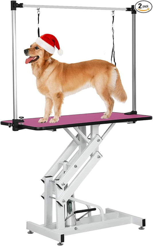 Hydraulic Pet Dog Grooming Table for Large Dogs, Heavy Duty Grooming Table with Adjustable Arm Noose, Maximum Capacity Up to 330 lbs, 42.5''/Pink