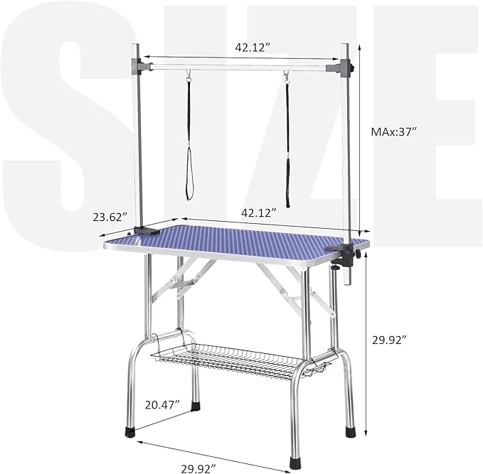 42 Inch Professional Adjustable Pet Grooming Table Heavy Duty with Arm Noose & Mesh Tray for Dog Cat Shower Table Maximum Capacity Up to 265Lb, Blue