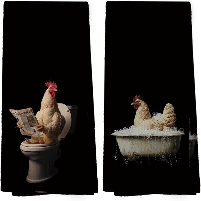 Funny Chicken Hand Towels Set of 2, Chicken Lovers Mom Gifts Hand Towel for Bathroom Decor, Dark Farmhouse Farm Animal on Toilet Decorative Towels for Bathroom Washroom Restroom 16x24 Inch