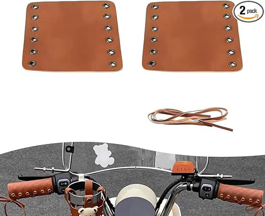 2 PCS Motorcycle Leather Handlebar Grip Covers, 4.5" x 4.4" PU Leather Anti-Slip Wrap-Around Handle Protectors with Adjustable Strap, Universal Motorcycle Modification Accessories (Brown)