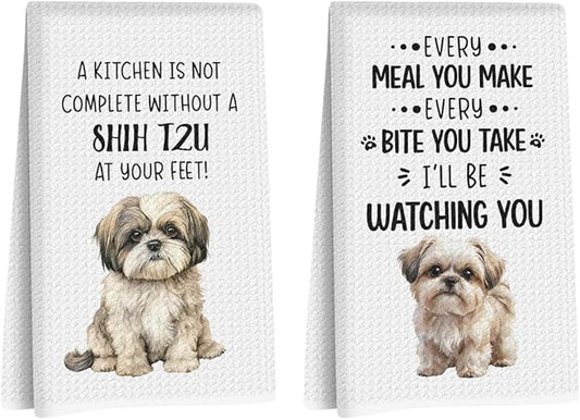 2Pcs Shih Tzu Accessories Kitchen Towels 24x14 Inch, Shih Tzu Gifts for Woman Mom, Reusable Waffle Weave Microfiber Absorbent Hand Tea Dish Towels for Kitchen Bathroom Decor, Dog Lovers Gifts
