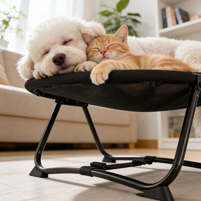 Cat Hammock, Foldable Elevated Cat Bed with Metal Frame, Raised Cats Lounge Chair, Breathable Non-Slip Fabric, Easy Maintenance, Indoor Outdoor Pet Couch for Cats Dogs Kittens (White+Black)