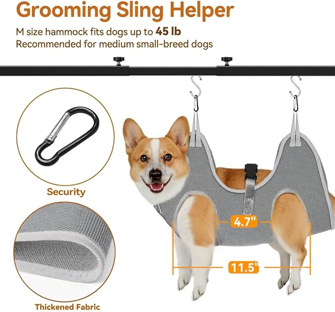 Dog Grooming Arm for Table, M Size, Adjustable 42" Height & 31"–43" Width, H-Shape Stable Grooming Stand, Clamp Fits up to 2.76", with Hammock & 2 Nooses for Home Grooming & Nail Trimming