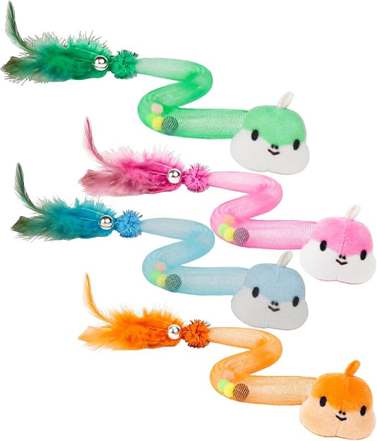 Cat Feather Toys 4 Pack for Indoor Cats – Interactive Cat Teaser Toys with Bell, Pom-Pom & Flexible Snake Tube, Fun Kitten Toys for Hunting, Chasing & Exercise