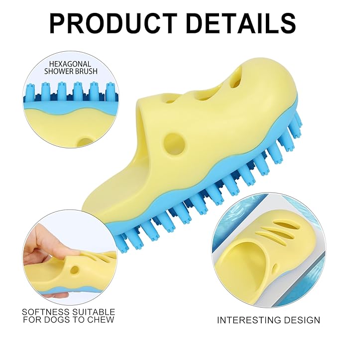 HOP Yellow Shoe-Shape Dog Bath Massage Brush Soft Plum Massage Head Dog Washing Brush Pet Grooming Cleaning Tool for Small Medium Dogs and Cats Gentle Remove Loose Hair Knots Deep Cleansing