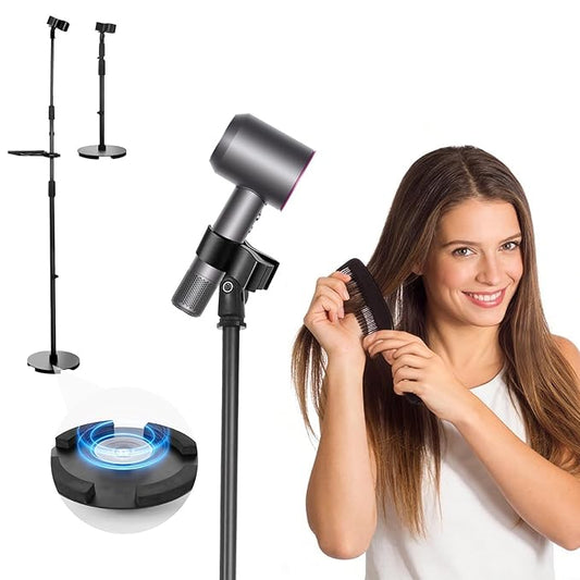 Hands-Free Hair Dryer Stand Holder with Strong Suction Base-63in/160cm Height Adjustable Floor Blower Stand Holder, 180 Degrees Rotatable Larger Clamp Countertop Blow Dryer Stand for Salons or Home Use