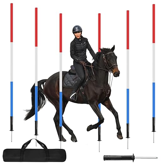 6 Pcs Pole Bending Poles for Horses with Bag, 6FT Horse Training Agility Poles Adjustable Training Equipment for Dog, Red White Blue with Metal Spring Ground Nail ﻿
