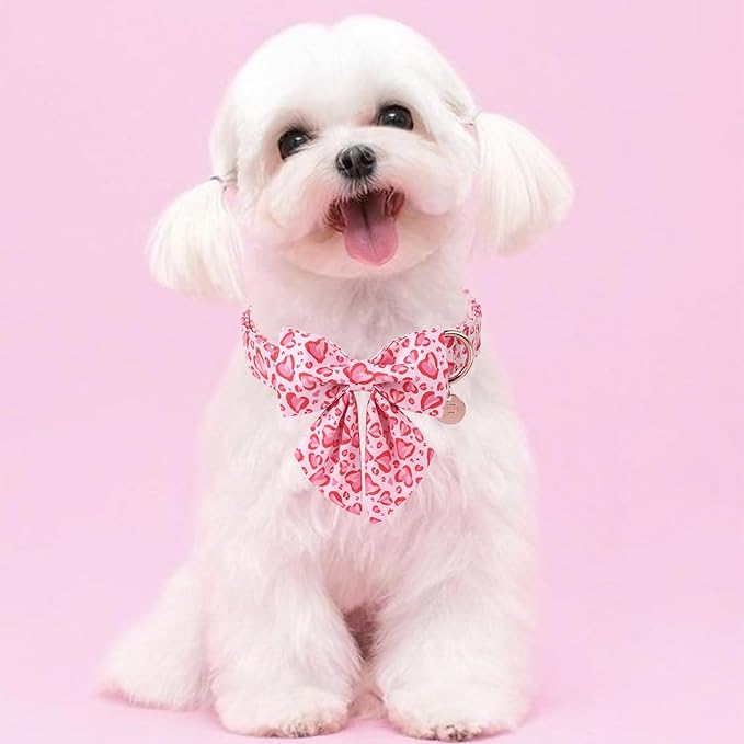 Valentine’s Day Dog Collar with Bow Tie, Pink Heart Bowtie Collar with Metal Buckle, Valentine’s Day Gift Pet Collar for Puppy Girl Boy Dog or Cat, Wedding Dog Collar, S, Neck 10-16in