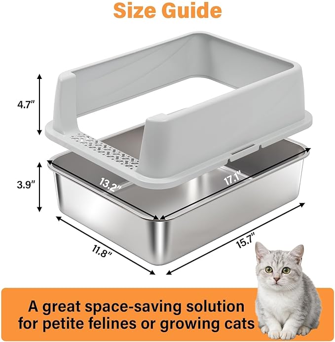Stainless Steel Litter Box with High Sides, Small Metal Litter Box for Kittens & Small Cats, Low Entry Kitten Litter Boxes with Scoop and Mat, Non-Sticky, Anti-Urine Leakage, Easy Cleaning, Gray