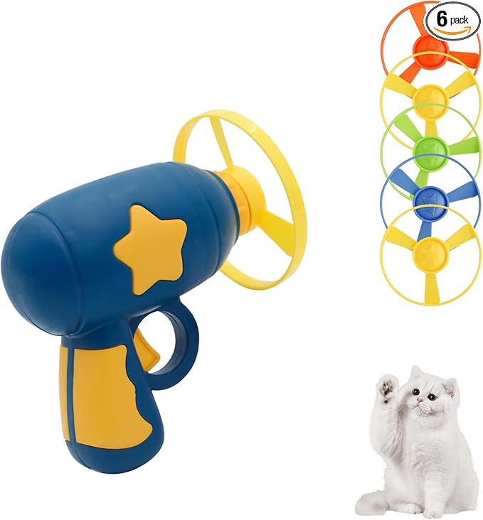 Andiker Cat Fetch Toy, Interactive Kitten Flying Disc Launcher Toy with 5 Colorful Flying Propellers for Cat Enrichment, Flying Saucer Toy for Cats for Training and Chasing (Navy Blue)