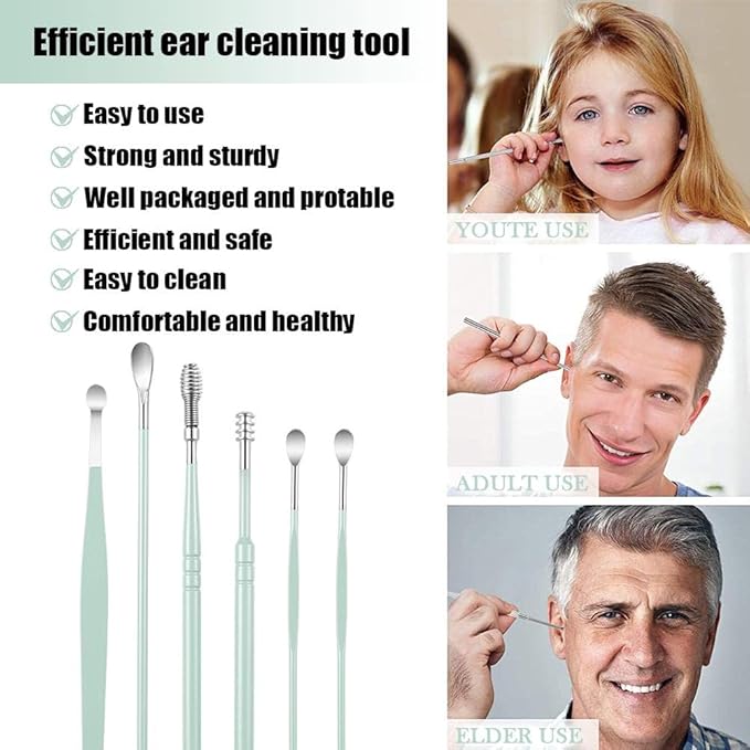 6 Pcs Ear Pick Earwax Removal Kit, Cleansing Tool Set, Curette Cleaner, 360degree Spiral Design Canal Cleaner Stainless Steel, with a Storage Box Portable Kit (Green), 11.7x2.8x2cm