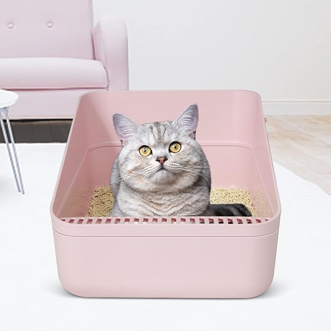 Sfozstra Pink Open High-Sided Cat Litter Box - Medium, Anti-Scatter & Low Tracking, Raised Enclosure Leak-Proof, Easy-Clean ABS Material, for Cats Up to 13 lbs