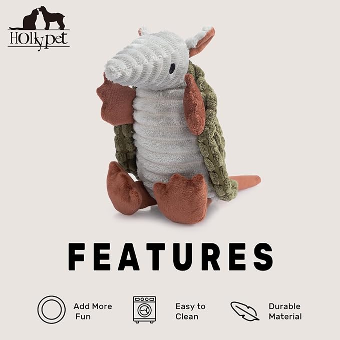 Hollypet Plush Dog Squeaky Toy Stuffed Armadillo Animal Pet Puppy Chew Toys with Clean Teeth for Small Medium Large All Breed Sizes Dogs, Olive Green, 8 in