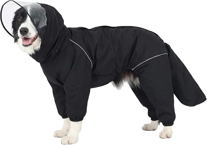 Dog Raincoat for Medium Large Dogs,rain Jacket Coat, Full Leg Coverage Waterproof Rain Suit with Detachable Hood & Tail, Reflective Strips, Snag-Free Top Zipper (Black for Girl, Medium)