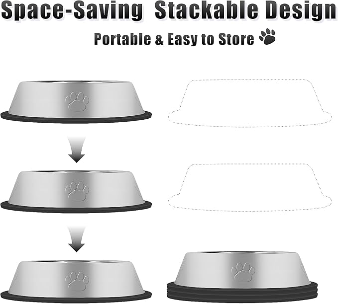 3Pcs Stainless Steel Dog Bowls Set with Dog Paw Pattern- Non-Slip Food and Water Bowl 13 Oz - Dishwasher-Safe, Rust Resistant Metal Pet Bowls for Small/Medium/Large Sized Pets