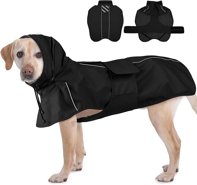 Dog Raincoat Waterproof, Reflective Adjustable Rain Jacket with Leash Hole, Convertible Hood/Collar Rain Coat for Dogs Poncho Breathable Lightweight (Black, XL)