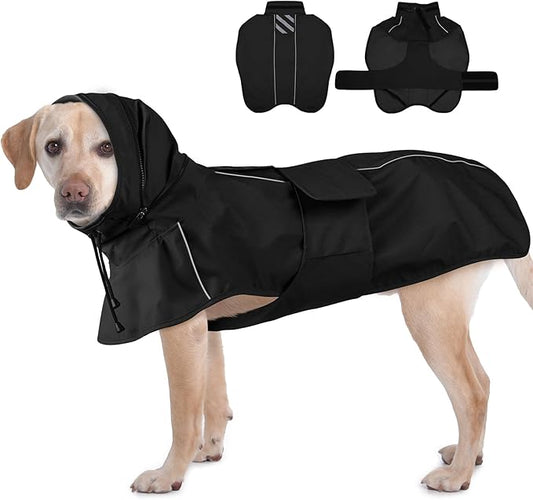 Dog Raincoat Waterproof, Reflective Adjustable Rain Jacket with Leash Hole, Convertible Hood/Collar Rain Coat for Dogs Poncho Breathable Lightweight (Black, XL)