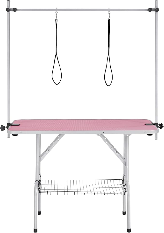 Topeakmart 45-inch Foldable Dog Grooming Table with Adjustable Arm, Clamps, Two Grooming Noose Maximum Capacity Up to 265Lb, Pink