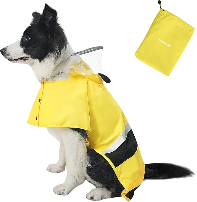Dog Raincoat, Waterproof Reflective Adjustable Hooded Dog Rain Coat with Leash Hole, Lightweight Breathable Pet Poncho for Dogs (Yellow Bee, Large(22-37lb))