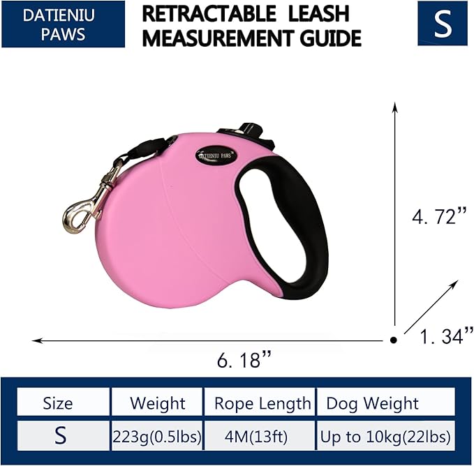 Small 13 FT Retractable Dog Leash – Hands-Free Adjustable Leash for Dogs Up to 22lbs, Tangle-Free Nylon with Ergonomic Grip for Walking, Training & Outdoor Safety Pink S