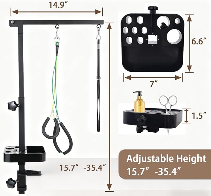 Dog Grooming Arm with Clamp, 15.7-35.4" Height & 14.9" Width, Dog Grooming Station with Hammock & Storage Basket, for Small to Medium Dogs, Perfect for Home Nail Trimming, Drying and Grooming