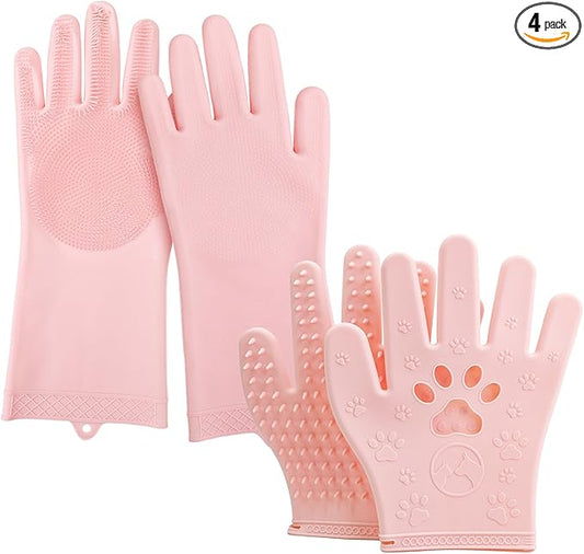 Hair Removal Glove & Pet Grooming Gloves 2 Pair, Upgrated Silicone Pet Hair Remover Gloves Shedding Glove for Long & Short Hair, Bath Grooming Glove with Gentle Brush for Horse Sensitive Pets, Pink